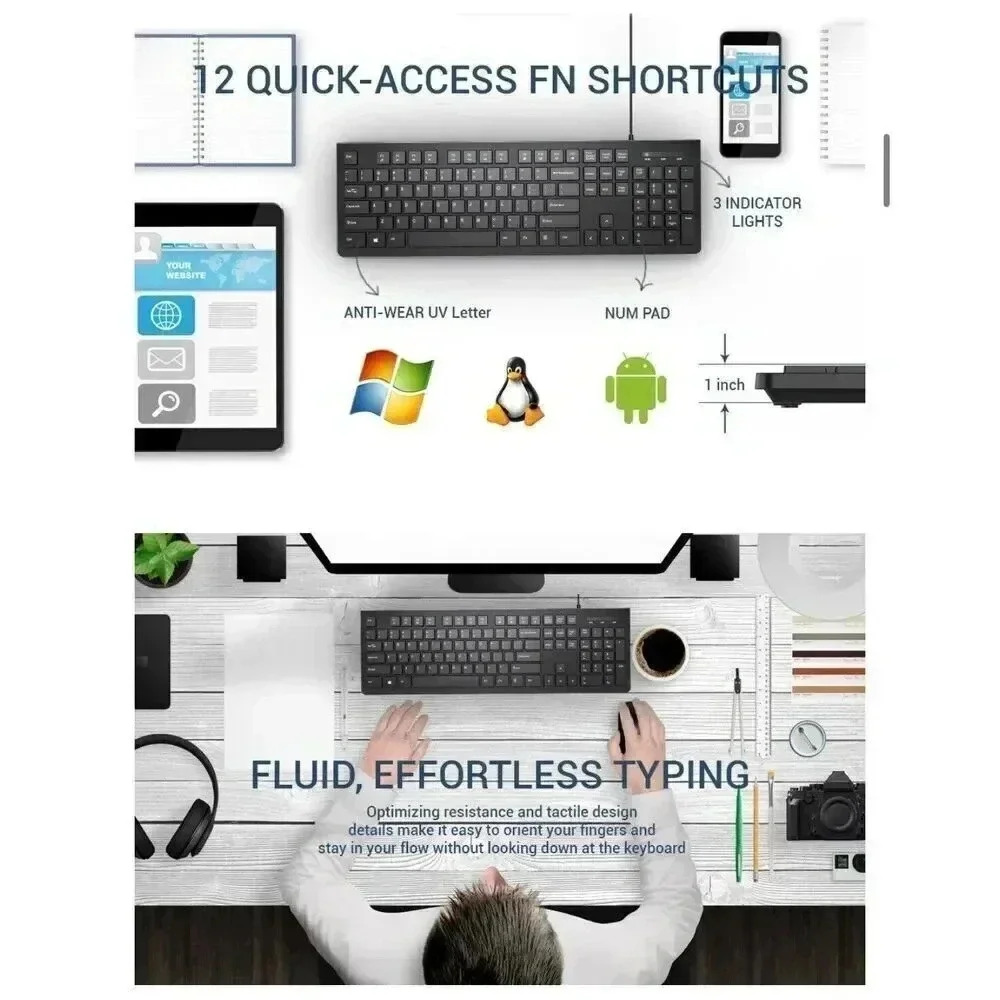 Computer Keyboard Wired Plug Play USB Keyboard‎ Low Profile Chiclet Keys Large - Picture 7 of 7